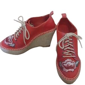 Andre Assous Floral Red‎ Canvas Leather Lace Up Wedges